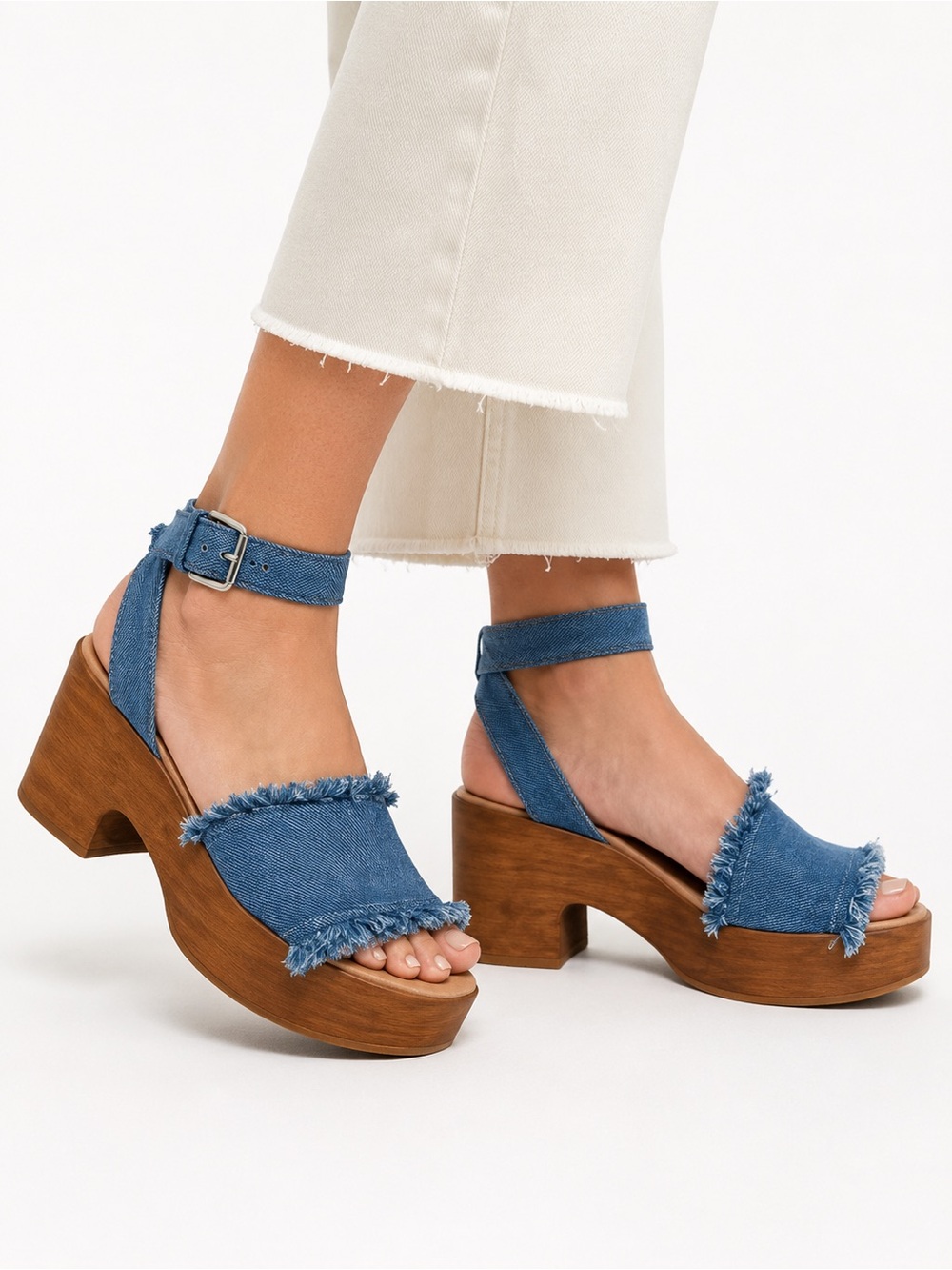 Free people frayed denim chunky wood heel platform sandals